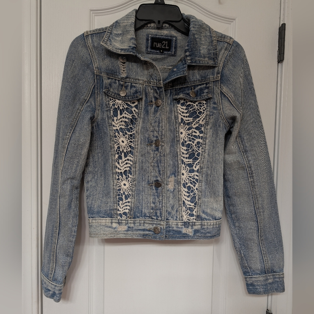 Rue21 Distressed Blue Jean Jacket with White Lace Detail